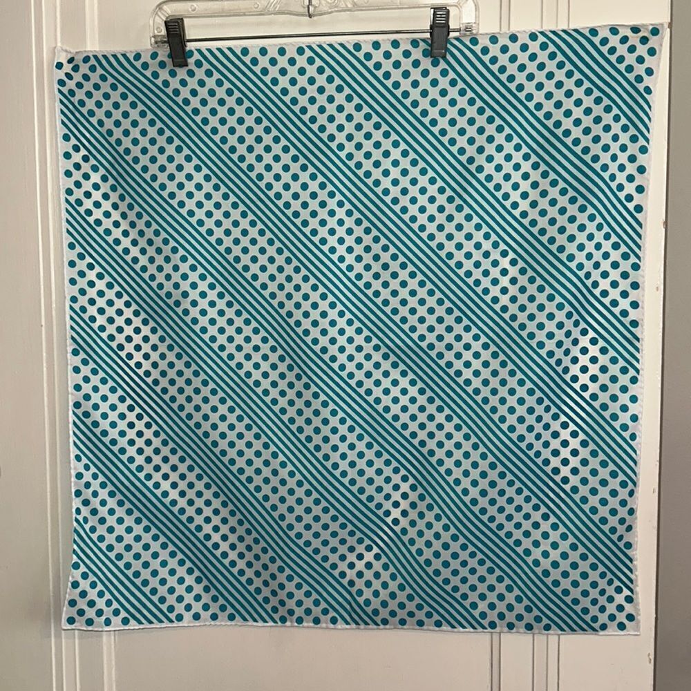 Vtg mid century white‎ polyester square scarf / turquoise stripes & polka dots